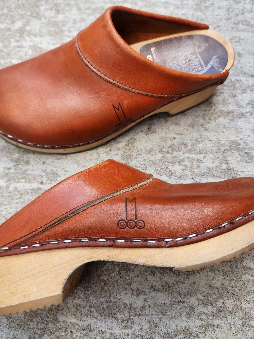 Vintage 1970's Mengen Cognac Leather Wooden Swedish Clogs Orthopedic, 38 / 7.5
